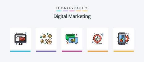 linha de marketing digital cheia de 5 ícones incluindo . gosta. prêmio. como. planejamento de marketing. design de ícones criativos vetor
