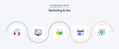pacote de ícones de marketing e seo flat 5, incluindo táticas. seo. segurança. seo. configurar vetor