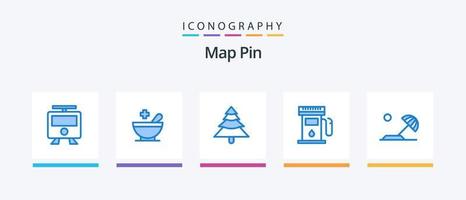 pacote de ícones de 5 pinos de mapa azul, incluindo sol. destino. plantar. praia. mapas. design de ícones criativos vetor