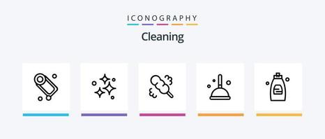 pacote de ícones da linha 5 de limpeza, incluindo . spray. tigela. produtos. casa. design de ícones criativos vetor