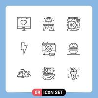 conjunto de 9 sinais de símbolos de ícones de interface do usuário modernos para definir elementos de design de vetores editáveis de configuração de design de pasta