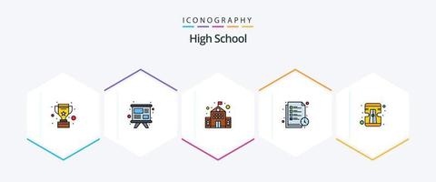 pacote de ícones de 25 linhas preenchidas do ensino médio, incluindo ferramenta. lápis. prédio. lista. tempo de estudo vetor