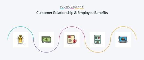 linha de relacionamento com o cliente e benefícios dos funcionários preenchida com 5 ícones planos, incluindo laptop. gráfico. documento. layout. saúde vetor