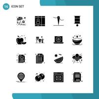 pacote de interface do usuário de 16 glifos sólidos básicos de agulha de comida de escritório, maçã, criança, elementos de design de vetores editáveis