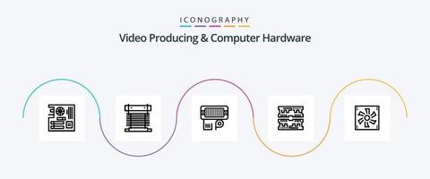 produção de vídeo e pacote de ícones de linha 5 de hardware de computador, incluindo dimm. componente. CPU. cartões. dados vetor