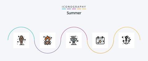 linha de verão cheia de pacote de ícones plana 5 incluindo sol. calendário. fogo. praia. grade vetor