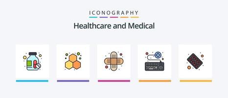 a linha médica encheu o pacote de 5 ícones, incluindo as mãos. sala. verificar. médico. cama. design de ícones criativos vetor