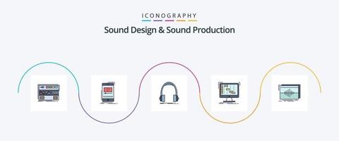 design de som e linha de produção de som preenchida com 5 ícones planos, incluindo daw. . vídeo. estúdio. fones de ouvido vetor