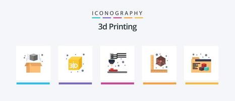 Pacote de ícones planos de impressão 3D com 5, incluindo impressão. impressora. equipamento. modelo. cubo. design de ícones criativos vetor