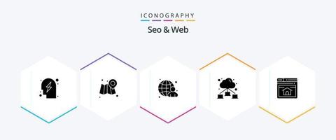 pacote de ícones de 25 glifos seo e web, incluindo página inicial. rede. globo. seo. rede vetor