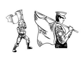 soldado desenhado de mão trazendo ilustração da bandeira isolada no fundo branco. soldado monocromático trazendo ilustração da bandeira isolada no fundo branco. vetor