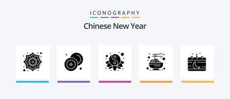 pacote de ícones do glifo 5 do ano novo chinês, incluindo calendário. comida. dinheiro. chinês. yin. design de ícones criativos vetor