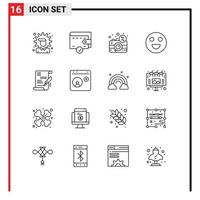 16 sinais de contorno universal símbolos de contrato de documento emojis felizes digitais elementos de design de vetores editáveis