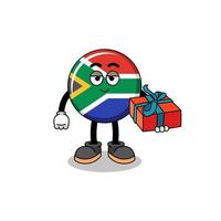 ilustração de mascote da bandeira da áfrica do sul dando um presente vetor