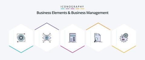 elementos de negócios e gerenciamento de negócios 25 pacote de ícones de linha preenchida, incluindo encontrar. documento. visão. análise. relatório vetor