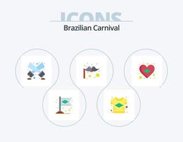 carnaval brasileiro plana icon pack 5 design de ícone. bandeira. bigode. camiseta. fantasia. luz de discoteca vetor