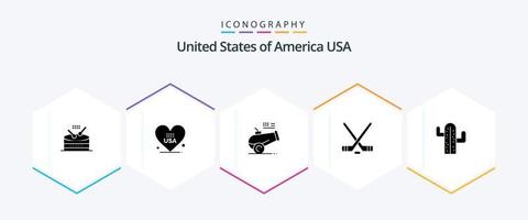 Pacote de ícones dos EUA com 25 glifos, incluindo EUA. americano. arma grande. esporte. piegas vetor