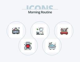 linha de rotina matinal cheia de ícones do pacote 5 design de ícones. pôr do sol. café da manhã. maçã. salsicha. comida vetor