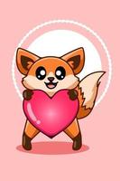 uma pequena raposa bebê fofa e engraçada com uma ilustração de desenho animado de um grande coração vetor