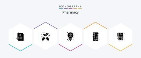 pacote de ícones de 25 glifos de farmácia, incluindo papelada. médico. lâmpada elétrica. conta. pílulas vetor