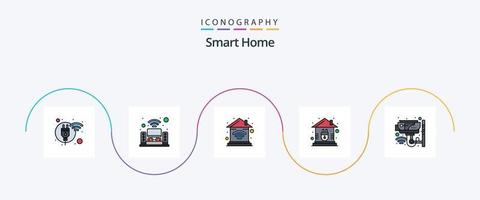 linha de casa inteligente cheia de pacote de ícones plana 5 incluindo cctv. plugue. sistema de música. lar. Wi-fi vetor