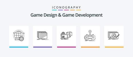 pacote de ícones de linha 5 de design de jogos e desenvolvimento de jogos, incluindo o início. acesso. história. texturas. layout. design de ícones criativos vetor