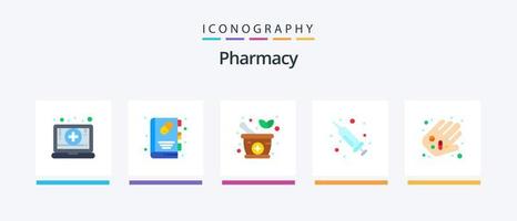 pacote de ícones de 5 planos de farmácia, incluindo pílulas. medicamento. herbal. mão. remédio líquido. design de ícones criativos vetor