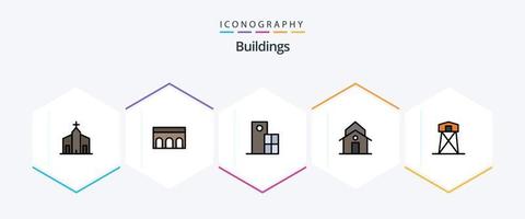 edifícios 25 pacote de ícones de linha preenchida, incluindo casa. prédio. histórico. estrutura. relógio vetor