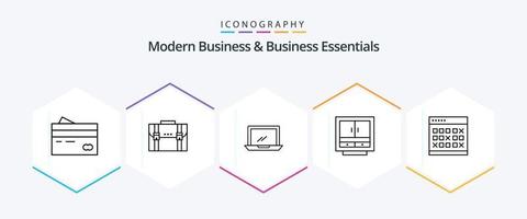 pacote de ícones de 25 linhas essenciais para negócios e negócios modernos, incluindo dispositivo. computador. pasta. mala. marketing vetor