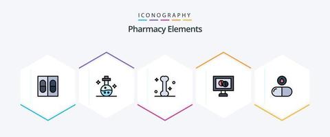 elementos de farmácia 25 pacote de ícones de linha preenchida, incluindo . derrubar. osso. tábua. tábua vetor