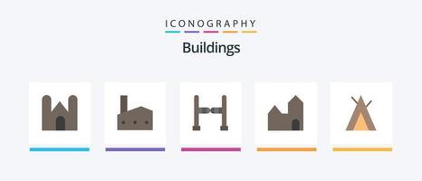 Pacote de ícones de 5 edifícios planos, incluindo acampamento. Planta industrial. indústria. chaminé da fábrica. balanço. design de ícones criativos vetor