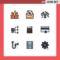 pacote de interface do usuário de 9 cores planas básicas de linha preenchida de caixa de ferramentas ferramenta machado servidor web seguro elementos de design de vetores editáveis
