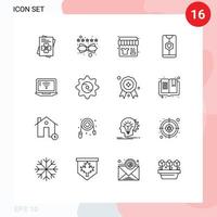 16 sinais de contorno universal símbolos de elementos de design de vetores editáveis de data de amor de loja de casamento de computador