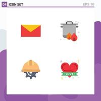 pacote de ícones planos de 4 símbolos universais de fervura de engrenagem de correio, trabalho de cozinha, elementos de design de vetores editáveis