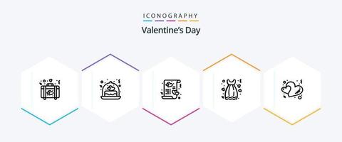 Dia dos Namorados 25 pacote de ícones de linha, incluindo amor. vestir. cartão. data. casar vetor