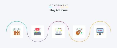Fique em casa Flat 5 Icon Pack incluindo instrumento. chá. filme caseiro. doce. sobremesa vetor
