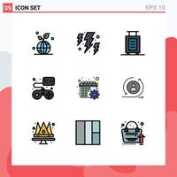 9 interface de usuário pacote de cores planas de linha cheia de sinais e símbolos modernos de engrenagem, videogame, clima, controlador de gamepad, elementos de design vetorial editáveis vetor