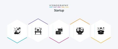 pacote de ícones de 25 glifos de inicialização, incluindo financiamento. dinheiro. monitor. mão. Câmera vetor