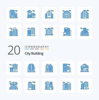 Pacote de ícones de cor azul de construção de 20 cidades, como prédio de escritórios vetor