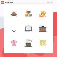 Pacote de cores planas de 9 interfaces de usuário de sinais e símbolos modernos de relatório de currículo, laptop de amor, elementos de design vetorial editáveis vetor