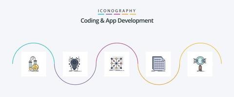 linha de codificação e desenvolvimento de aplicativos preenchida com 5 ícones planos, incluindo código. complexo. aranha. conjunto. estrutura vetor
