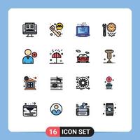 pacote de interface do usuário com 16 linhas básicas preenchidas com cores planas de novas ferramentas, opções de configurações de rede, elementos de design de vetores criativos editáveis