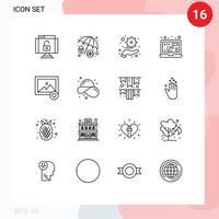 grupo de 16 contornos de sinais e símbolos para gerenciamento de imagens de praia, programação favorita, elementos de design de vetores editáveis