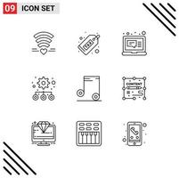 conjunto de pictogramas de 9 contornos simples de configurações de áudio, mensagem de gerenciamento de dinheiro, elementos de design de vetores editáveis
