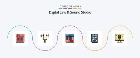 lei digital e linha de estúdio de som cheia de pacote de ícones plana 5 incluindo lei. tribunal. tom. música. teclado vetor