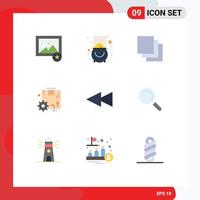conjunto de cores planas de interface móvel de 9 pictogramas de encontrar configuração de configurações de cascata para trás elementos de design de vetores editáveis
