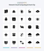 computação em nuvem de rede criativa e pacote de ícone preto sólido de 25 glifos de cidade inteligente, como energia. consumo. ambiente. transporte. inteligente vetor