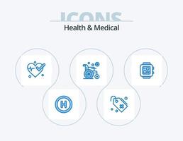 saúde e ícone azul médico pack 5 design de ícone. . batimento cardiaco. coração. relógio de pulso. cadeira de rodas vetor