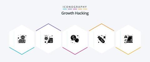 hackeando o pacote de ícones de 25 glifos, incluindo decodificação. USB. seguro. grudar. mensagem vetor