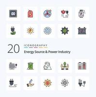 20 fonte de energia e linha da indústria de energia cheia de ícones de cores como conservação de mão de produtos químicos de energia de bateria vetor